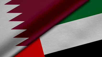 3D Rendering of two flags from State of Qatar and United Arab Emirates together with fabric texture, bilateral relations, peace and conflict between countries, great for background