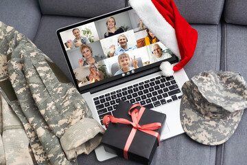 military uniform and laptop with video chat