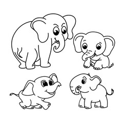 Cute elephant cartoon characters vector illustration. For kids coloring book.