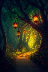 path through fantasy enchanted forest with hanging lights, background, generated image