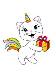 Cute smiling cat unicorn with gift box