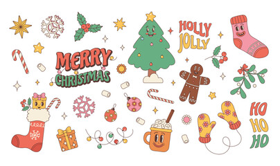 Groovy hippie Christmas stickers. Christmas tree, gifts,  peace, snowflake, holly jolly, ho ho ho, mug hot chocolate, gingerbread in trendy retro cartoon style. Cartoon characters and elements.