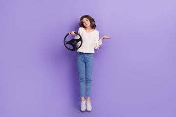 Full length photo of charming lady showing no answer dont know forgot rout road way sorry isolated on purple color background