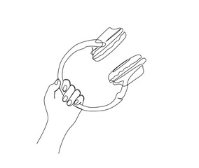 Continuous one line drawing of hand holding headphone. Hand holds wireless earphone line art vector design. Music and lifestyle concept.
