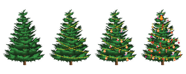 Colorfully decorated Christmas trees against a white background vector illustration