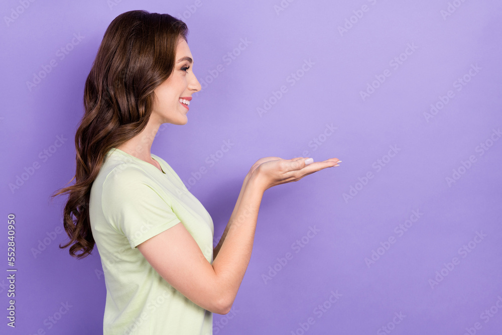 Poster profile photo of young lady wear t-shirt curly brunette hairstyle hold palms look empty space showin