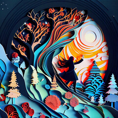 Papercut of a snowy winter landscape with trees, hills and a female looking at bright sunset sky in colourful color