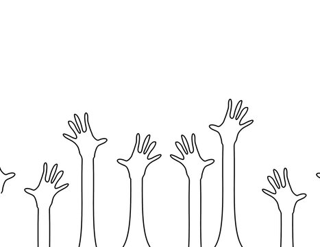 Hands raised in the air , silhouette, drawing person people volunteer, voting. 