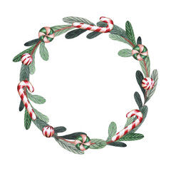 Watercolor pine tree branch and Christmas candy canes round wreath for card, invitation, stationery, holiday apparel, poster or print.