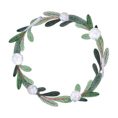 Watercolor winter pine tree wreath with snow balls and icicles for card, stationery, apparel, poster or print.