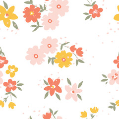Cute, seamless, print, floral pattern, conversational,  pattern, colorful doodle flowers, hand drawn florals for textile, fabric, clothing, tshirt, wallpaper, packaging, sweatshirt, kids, girls, women