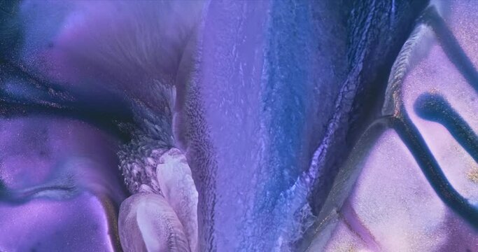 4k footage, blue-purple paint flow down, copy space for text. Slow motion. Shiny blue inks mix background. Color mixing, flowing fluid backdrop. Acrylic move pattern texture. Blue liquid river art