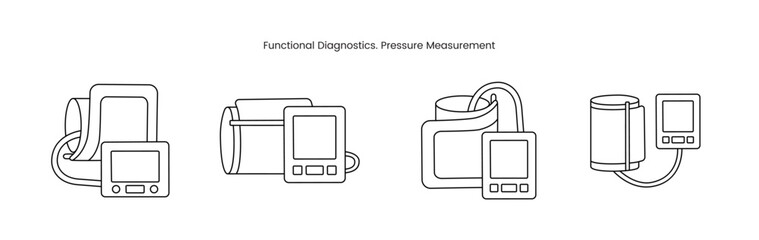 Line icon in vector blood pressure measuring device, functional diagnostics, tonometer illustration.