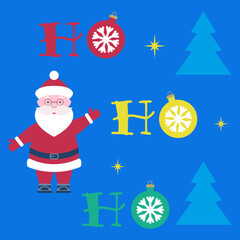 Christmas card with Santa Claus banner, text and Christmas decorations and fir trees in a minimalist style. Template for postcards, invitations, congratulations, web, social networks, print.