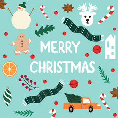 Christmas greeting card template with snownan,deer and xmas decor.Merry Christmas illustration on blue background