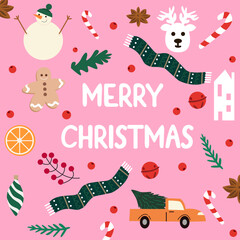 Christmas greeting card template with snownan,deer and xmas decor.Merry Christmas illustration