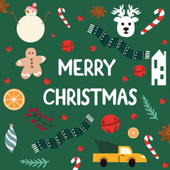 Christmas greeting card template with xmas decor.