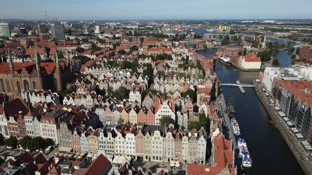 Aerial view of the Old Town of Gdansk and the Motlawa River on a summer,sunny day.