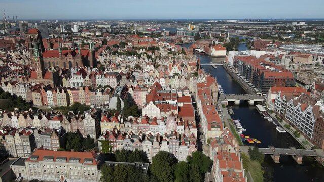 Aerial view of the Old Town of Gdansk and the Motlawa River on a summer ,sunny day.