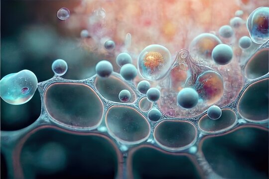 Microscopic macroscopic close view of cells attacked by virus and bacteria science and medical microbiology render illustration