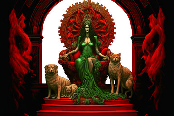 goddess with hounds in a hindu temple in red and green