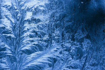 Abstract pattern of frost on glass. Close-up macro shot. Toning.