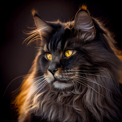 Close up Portrait of Noble Looking Black Maine Coon Cat. Generative ai
