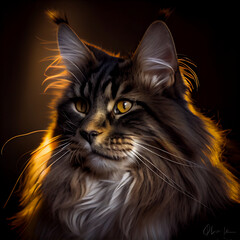 Close up Portrait of Noble Looking Brown Maine Coon Cat. Generative ai