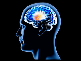 Neurology, philosophy, the development of thought and reflection, how to develop the infinite possibilities of the mind. Person profile, human anatomy. Sci-fi, Brain with sponge texture