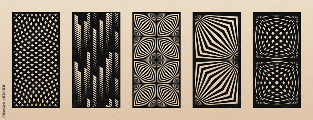 Aufkleber laser cut patterns. vector set with abstract geometric ornament, lines, stripes, grid. optical illus