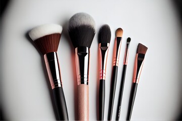 a group of makeup brushes sitting on top of a table next to each other on a white surface with a black and red stripe. Generative AI