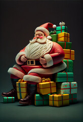 Santa Claus Sitting on Pile of Wrapped Presents. generative ai