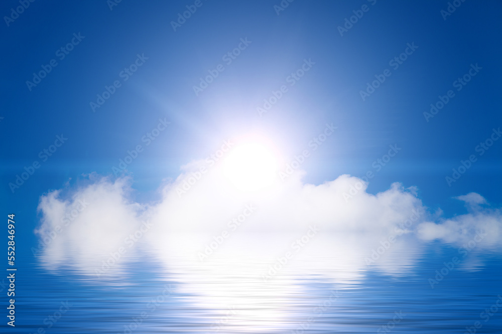 Poster ocean water surface with sun and clouds