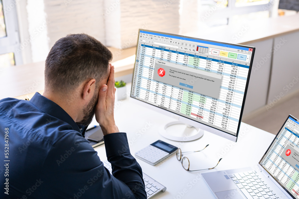 Poster Worried Man At Computer With System Failure Screen