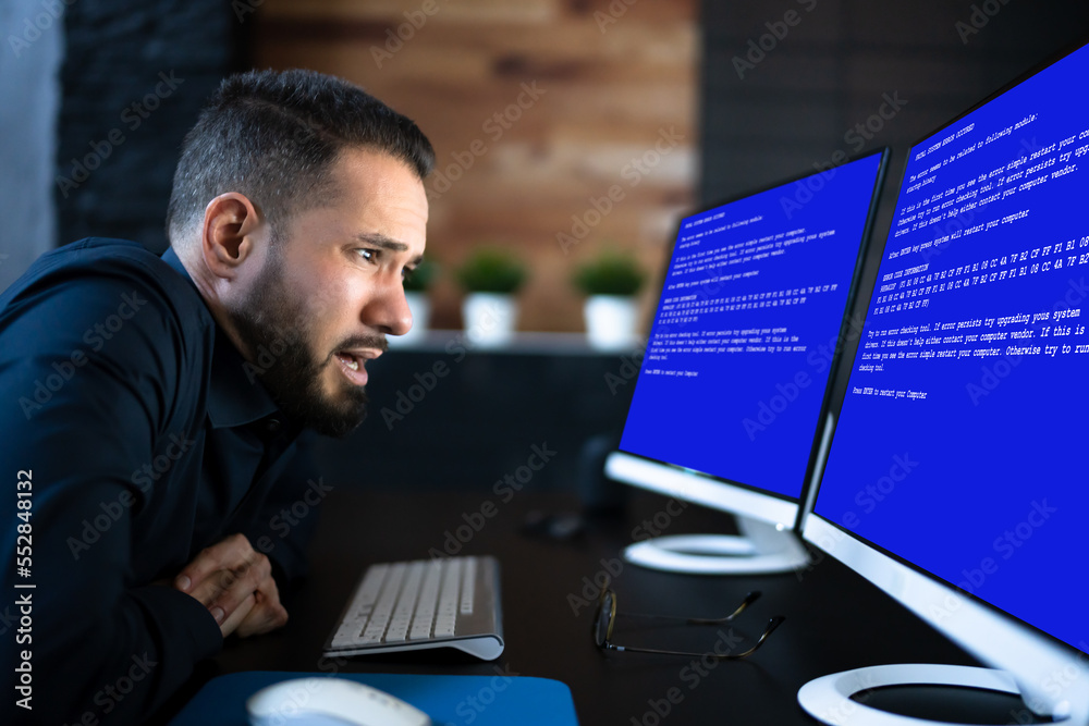 Poster Worried Man At Computer With System Failure Screen