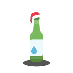 Flat icon of Soju with Christmas Santa Hat. It is the famous clear, colorless distilled beverage of Korean origin