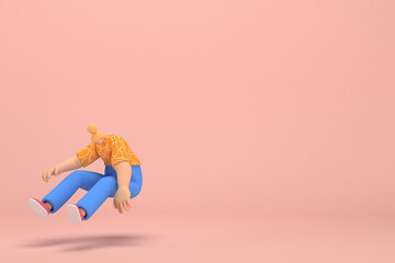 The woman with golden hair tied in a bun wearing blue corduroy pants and Orange T-shirt with white stripes.  She is jumping. 3d rendering of cartoon character in acting.