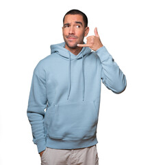 Hesitant young man making a gesture of calling with the hand