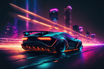 Futuristic sports car racing in the neon street. AI
