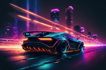 Abwaschbare Fototapete Autos Futuristic sports car racing in the neon street. AI