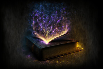 Glowing fantasy antique book of magic. AI