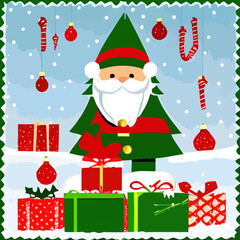 Christmas and New Year background. Santa Claus with gifts. Christmas tree with balls. Postcard, banner, poster