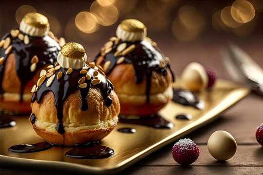 Delicious Profiteroles Filled With Vanilla Butter Cream, Gourmet French Dessert, Extravagant Pastry For Festive Diners, Illustration, Digital