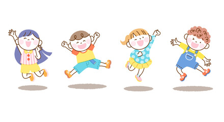 子供たち ジャンプ イラスト セット 白バック4人バージョン