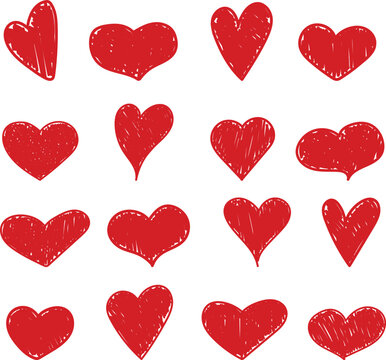 Hand drawn love heart collection. Doodle simple hearts in different shapes. Love theme