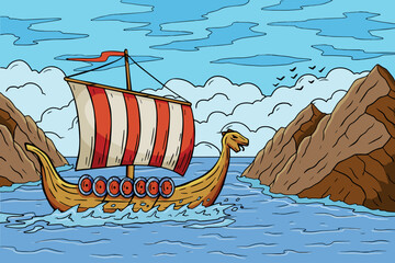 Viking boat at sea. Swedish warship. Longship with oars. Cartoon scandinavian sailboat. Nordic Drakkar