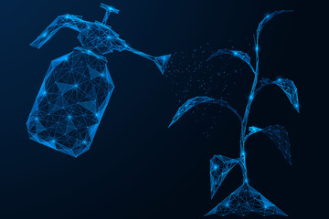 Spraying the plant. Polygonal design of interconnected lines and points. Blue background.