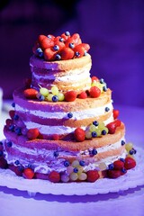 Children's birthday cake with fruit and cream.