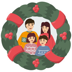 Family with christmas wreath. New Year and Christmas. Vector illustracion