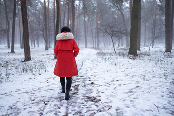 Young woman in red slowly walking on snow covered sidewalk through alley of trees in white snowy winter day at park. Foggy air. Spending time alone in nature. Peaceful atmosphere. Back view.